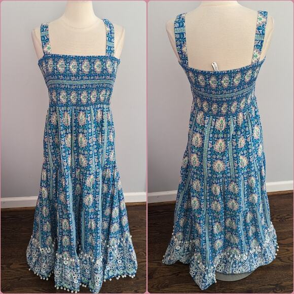 Zara Dresses & Skirts - Womens Zara Printed Blue Patterned Maxi Dress Large Smocked Lace Bohemian